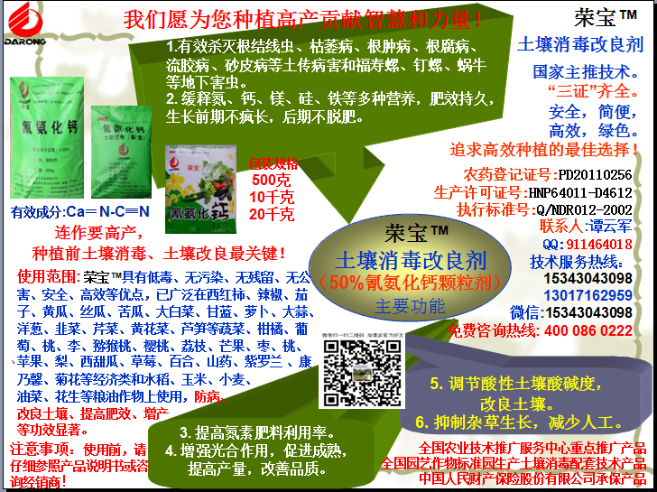 榮寶（氰氨化鈣）顆粒殺菌劑，土壤消毒、緩釋氮鈣營(yíng)養(yǎng)、肥料增效、土壤改良四效合一，殺滅根結(jié)線蟲，防治根腫病、根腐病、枯萎病、流膠病、蓮藕腐敗病等土傳病害，殺滅福壽螺、釘螺等地下害蟲，解決連作障礙